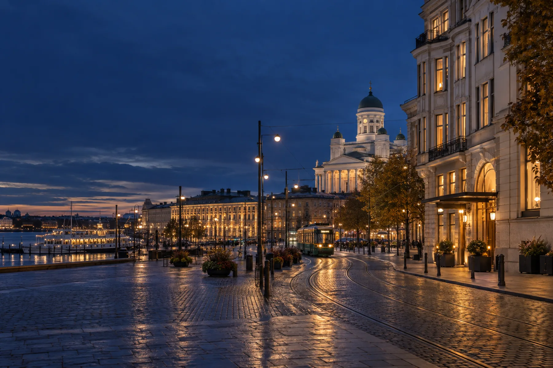 Tekoälyllä tuotettu toimituksellinen kuvitus Helsingin iltakaupunkimaisemasta